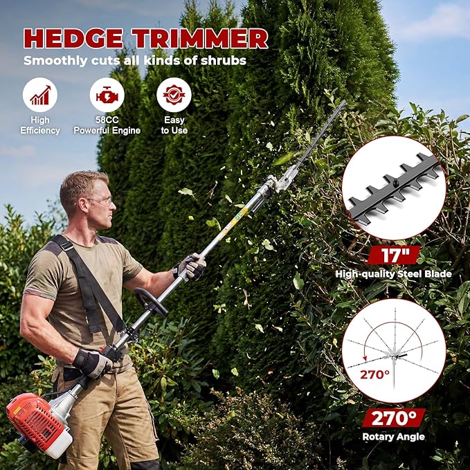 COOCHEER 58CC Gas Powered Weed Wacker, 5-in-1 Multi-Function String Trimmer, Brush Cutter, Hedge Trimmer, Edger, and Pole Chainsaw, 2-Cycle Gas Powered Garden Multi-Tool for Lawn Care