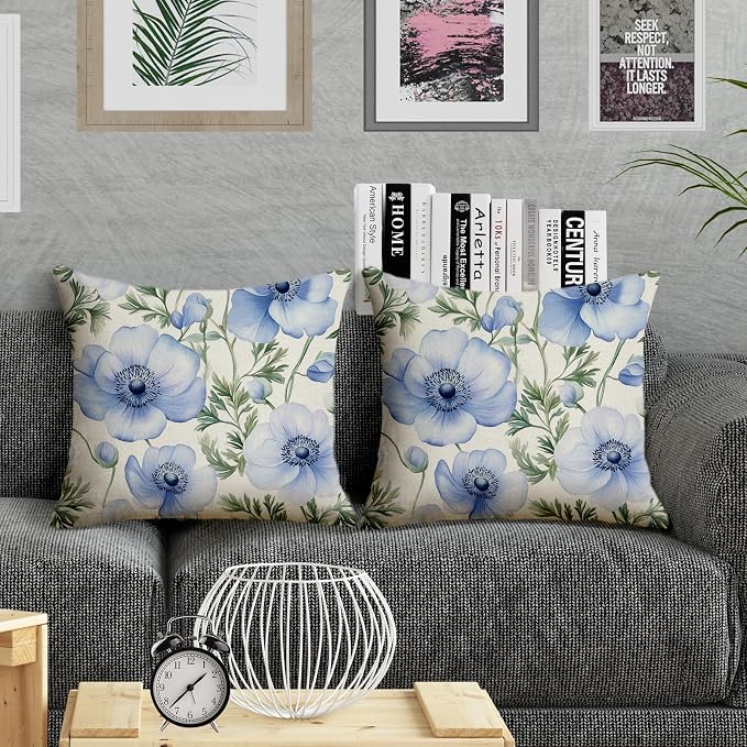 Waterproof Blue Floral Throw Pillow Covers 18x18 inch Set of 2 Outdoor Flower Pillow Cases Anemones Decorative Cushion Covers for Summer Decoration