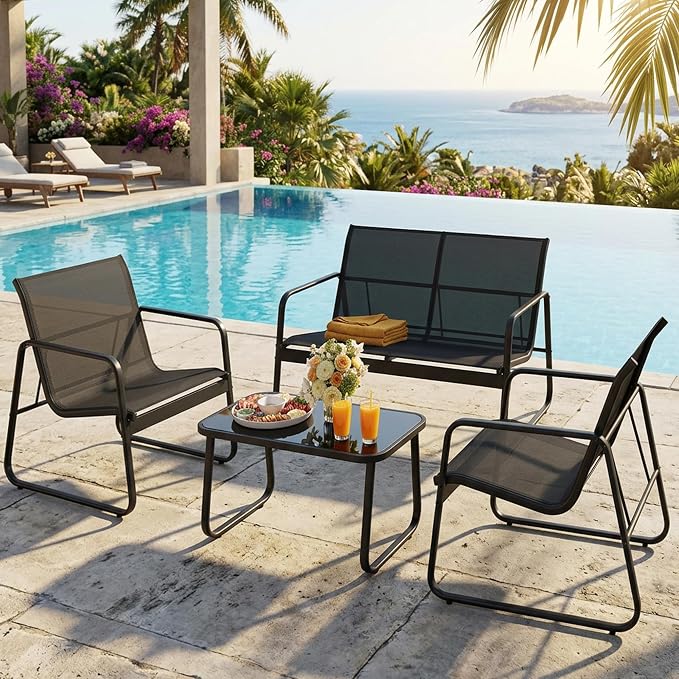 Gizoon 4 Piece Patio Furniture Set, Outdoor Patio Furniture with Loveseat and 2 Single Chairs, Bistro Table and Chairs Set for Backyard, Balcony, Lawn,Black