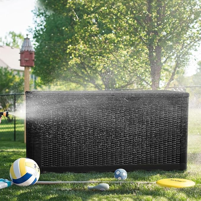 100 Gallon Resin Deck Box Large Outdoor Storage with Imitation Rattan Weave Texture Weatherproof UV Resistant Lockable for Patio Furniture Garden Tools Pool Supplies Dark Black