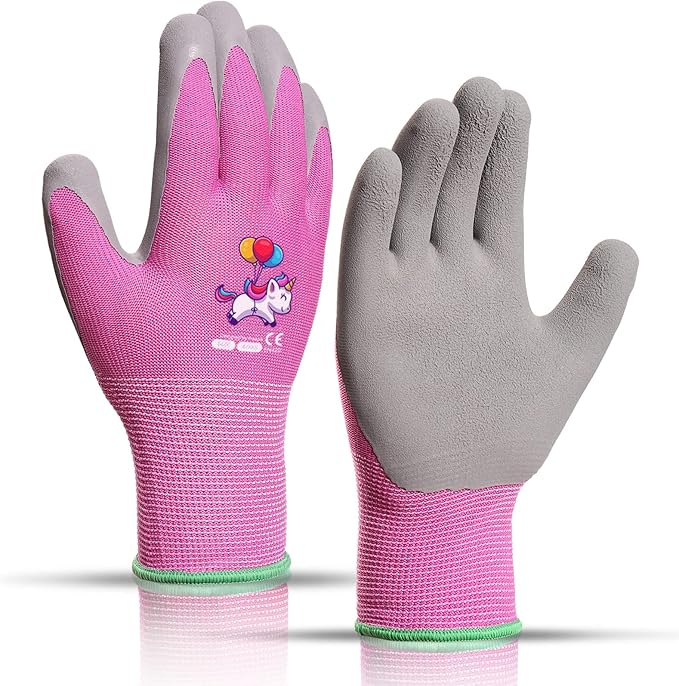 Kids Gardening Gloves, Latex Coated Toddler Yard Gloves, 1 Pairs (5-7 YRS) | Perfect fit for tiny hands, cute washable latex palm protects wrists from dirt, durable for garden play & outdoor tasks.