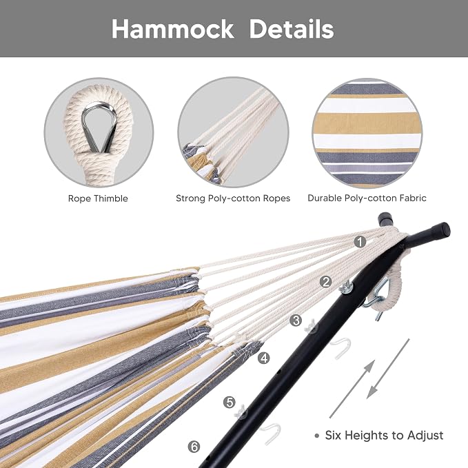 SUNCREAT 2-in-1 Convertible Double Hammocks 2 Person Heavy Duty, Large Patio Hammock with Space Saving Stand, Patented, Coffee Stripe