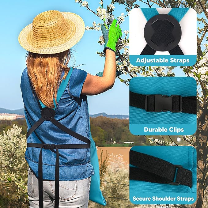 Gardening Apron with Bottom Quick Release Kangaroo Pocket for Women, Men | Heavy Duty Garden Harvest Apron with Cross-Back Straps & Tool Pockets for Vegetables Fruit, Yard & Farm Picking, Garden Gifts