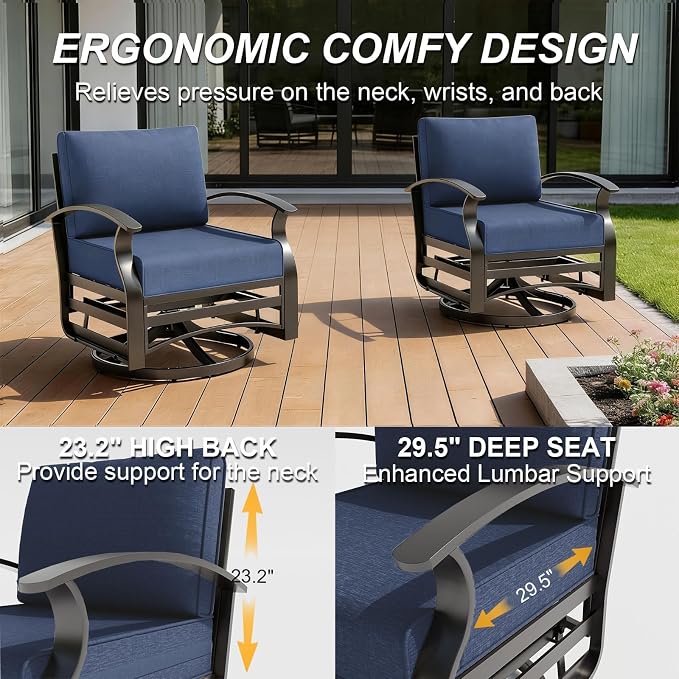 Gotland Aluminum Patio Furniture Set with Fire Pit Table, Metal Patio Furniture with 2 Swivel Rocking Chairs Waterproof 5.1'' Seat Cushions, Oversized Outdoor Sectional for Garden Balcony Porch Navy