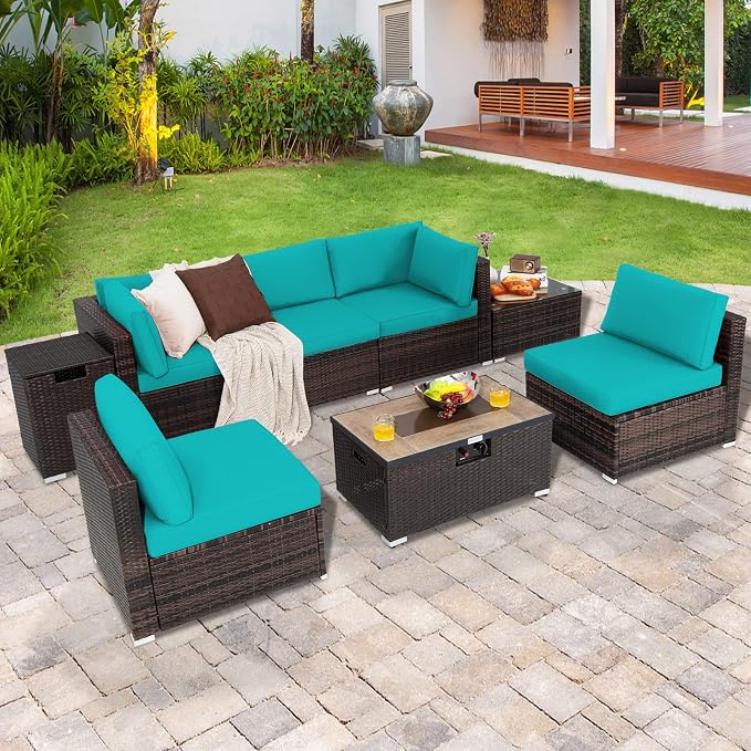 Tangkula 8 Piece Outdoor Wicker Sofa Set, Patio Rattan Conversation Set w/32” Propane Fire Pit Table & Tank Holder, 40,000 BTU Heat Output, Cozy Seat & Back Cushions, Fire Pit PVC Cover (Turquoise)