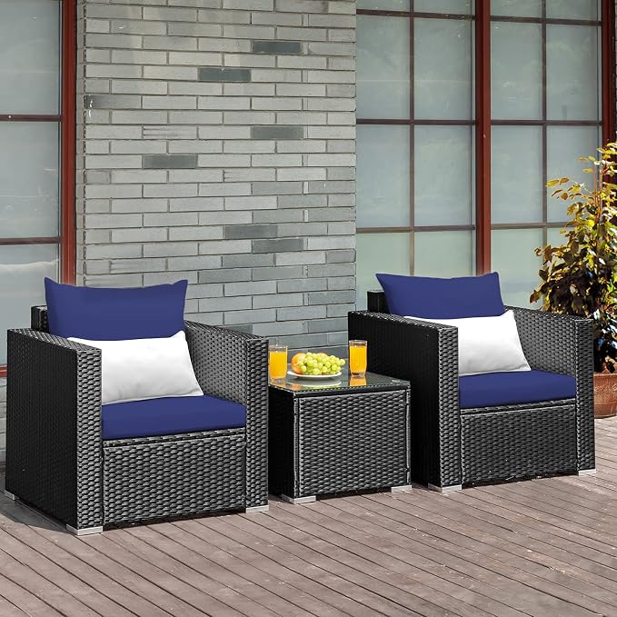 Tangkula 3 Pieces Patio Furniture Set, PE Rattan Wicker Sofa Set w/Washable Cushion and Tempered Glass Tabletop, Outdoor Conversation Furniture for Garden Poolside (Navy Blue)