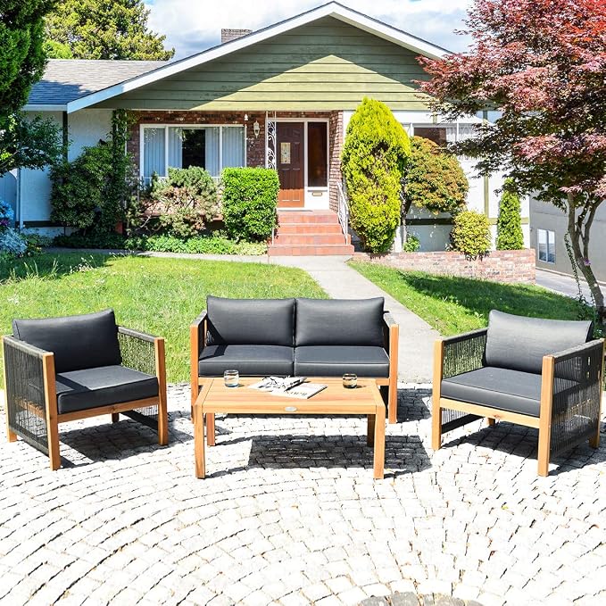 Tangkula Outdoor Wood Furniture Set, Acacia Wood Frame 2 Loveseat Sofa, 4 Single Chairs and 2 Coffee Table, 8 Pieces Conversation Set with Cushions, Garden Balcony Poolside Outdoor Living Set(2, Grey)