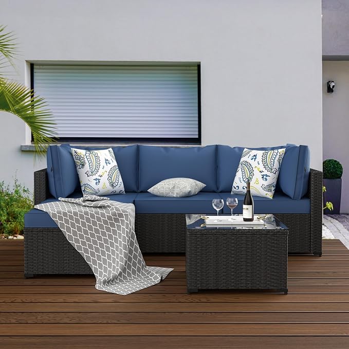 GOJOOASIS Patio Furniture Set Outdoor Sectional Sofa with Ottoman Wicker Couch Rattan Modular Seating Conversation Sets Porch Decor for Backyard, Balcony, Garden (Blue B)