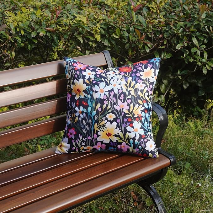 Outdoor Floral Throw Pillow Covers 18x18 Inch Set of 2 Black Waterproof Flowers Decorative Spring Summer Holiday Patio Cushion Cases for Patio Furniture Garden