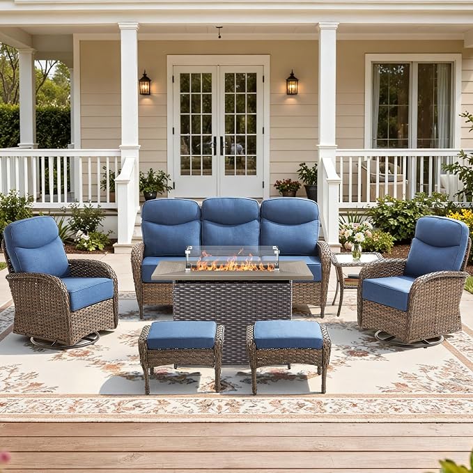 7-Piece Luxury Patio Furniture Set with 6-Inch Thick Cushions, High-Back Outdoor Sofa & Swivel Rocking Chairs with Wicker 42" Fire Pit, All-Weather Conversation Set for Porch, Deck, Yard – Blue