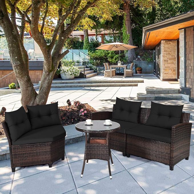 COSTWAY 4-Piece Patio Furniture Set, Wicker Rattan Sofa with Cushions and Coffee Table, Outdoor Sectional Conversation Sofa Set for Poolside Backyard Lawn Backyard (Black)