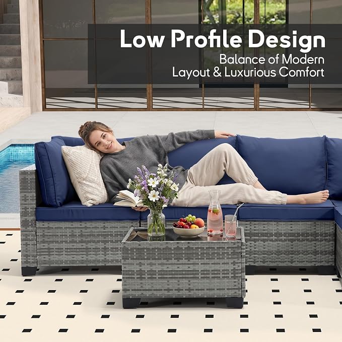 Bonzy Home 7 Pieces Outdoor Patio Furniture Set, PE Rattan Outdoor Sectional Furniture Sofa Set with Removable Cover and Glass Coffee Table, Patio Sofa for Balcony, Porch, Garden, (Grey-Navy Blue)
