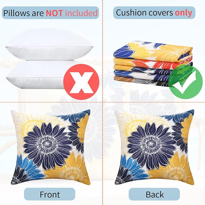 Decorative Floral Throw Pillow Covers Outdoor Waterproof Blue Yellow Sunflower Pillow Covers 16x16 Set of 2 Square Summer Garden Cushion Throw Pillowcase for Patio Furniture Garden Tent Balcony Bench