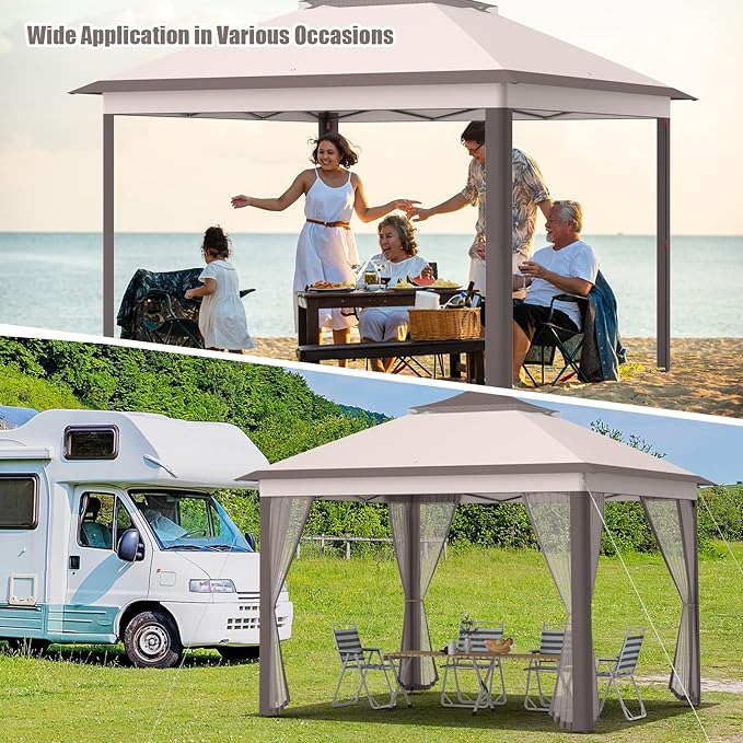 Tangkula 11x11 Ft Pop up Gazebo, 2-Tier Patio Gazebo with Netting, Carry Bag, Easy Set up Outdoor Gazebo with 121 Square Feet of Shade for Backyard, Deck, Poolside (Beige)