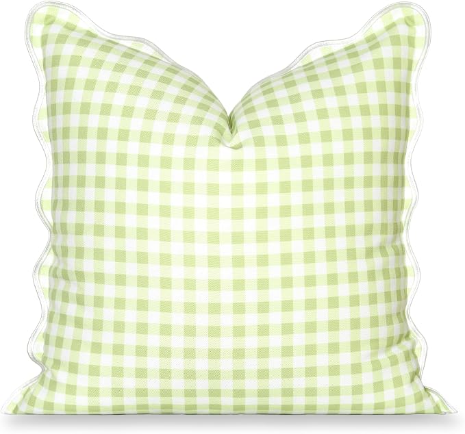 Hofdeco Premium Grandmillennial Coastal Hampton Patio Indoor Outdoor Throw Pillow Cover Only, 20"x20" Water Repellent for Backyard, Couch, Poolside, Grass Green Print Gingham