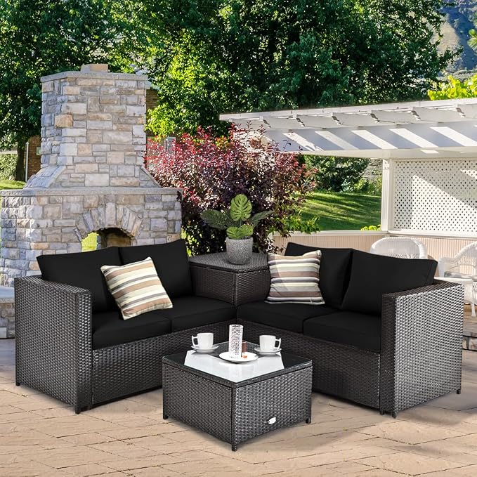 Tangkula 4 Piece Wicker Patio Set with Storage, All Weather-Proof Outdoor Conversation Set with Loveseat, Glass Top Coffee Table & Storage Box, Suitable for Garden, Poolside, Sunroom (1, Black)