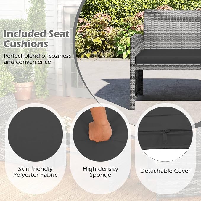 RELAX4LIFE 8-Piece Patio Furniture Set - Wicker Rattan Outdoor Sectional Sofa Set w/Glass Coffee Table, Loveseat, 2 Chairs & Soft Cushions, Bistro Conversation for Garden Porch (2, Grey-Black)