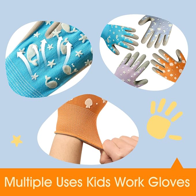 COOLJOB Glow in The Dark Kids Gardening Gloves for Age 3-5, 2 Pairs Children Reflective Yard Work Rubber Coated Gloves, Light Blue with Cloud & Moon, Purple with Stars, Small