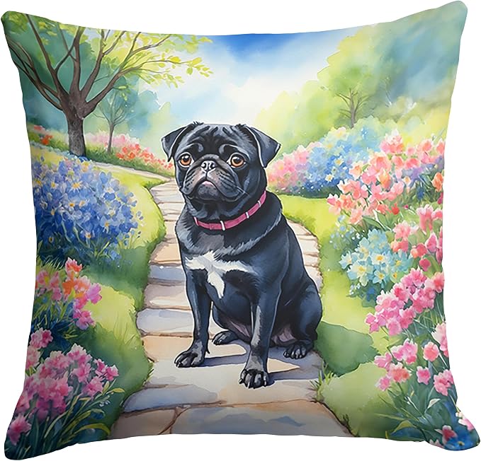 Caroline's Treasures Black Pug Spring Path Throw Pillow Machine Washable, Indoor Outdoor Decorative Pillow for Couch, Bed or Patio, 18Hx18W