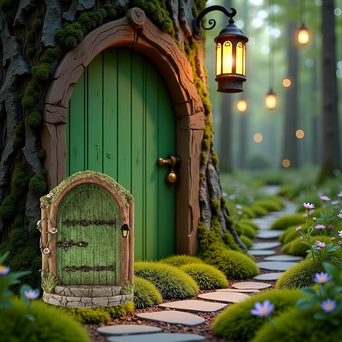 Green Fairy Door, Wooden Miniature Fairy Garden Doors Outdoor Mini Fairy Gnome House Accessories for Tree Trunk Ornaments Garden Miniatures, Fairy Doors for Trees Outdoor, Gnome Door for Tree Trunk
