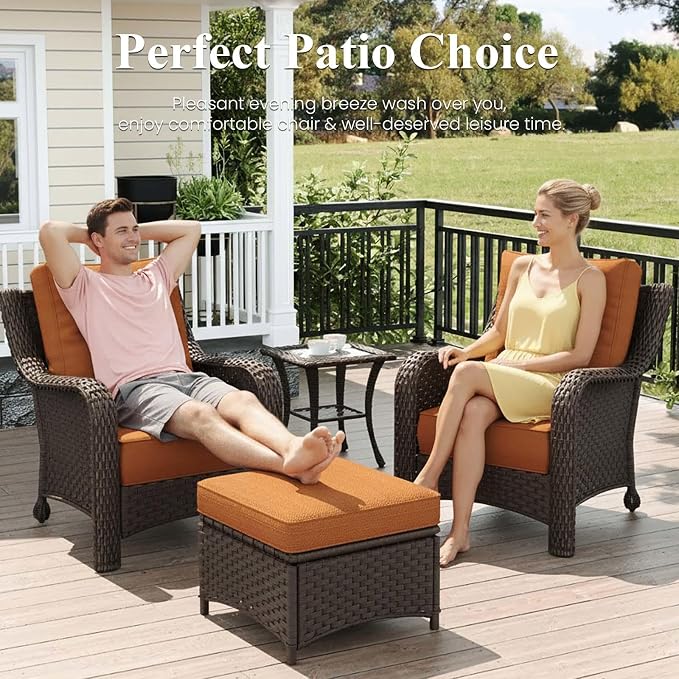 LayinSun 7 Piece Wicker Outdoor Furniture Set with 6-inch Comfy Cushions, High Back Patio Furniture Set with Rattan Armchairs and Fire Pit Table