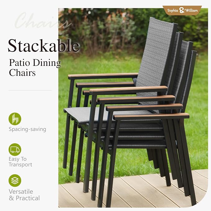 Sophia & William Round Patio Dining Set for 6 with Aluminum Chairs, Grey | Metal table, Stackable sling chairs, Breathable & quick-drying, Light-weight & space-saving, Umbrella Hole, Outdoor, 7 piece