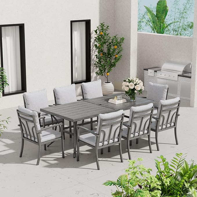 HAPPATIO 9-Piece Patio Dining Set - All Aluminum Table and Chairs for 8, Includes Rectangular Table and 8 Chairs with Cushions, Lawn, Garden