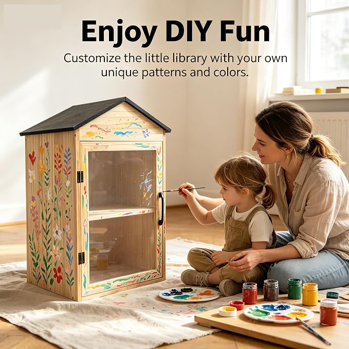 Little Outdoor Library Box, 2-Tier Waterproof Free Library Wooden Cabinet, 16x15x25 Inch Small Storage Box for DIY, Neighbourhoods, Communities and Kids to Share Books, Magazines, Artworks
