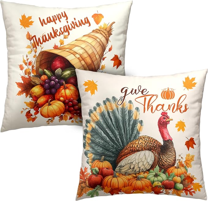 Set of 2 Thanksgiving Throw Pillow Covers 22x22 Turkey with Autumn Pumpkin Pillow Covers Fall Harvest Pillow Case Square Cushion Case for Living Room Couch