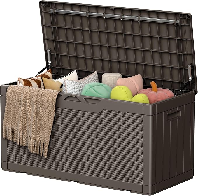 105 Gallon Deck Box Outdoor Indoor Waterproof Storage Box for Patio Furniture, Pool Accessories, Garden Tools, and Cushion Storage, Brown