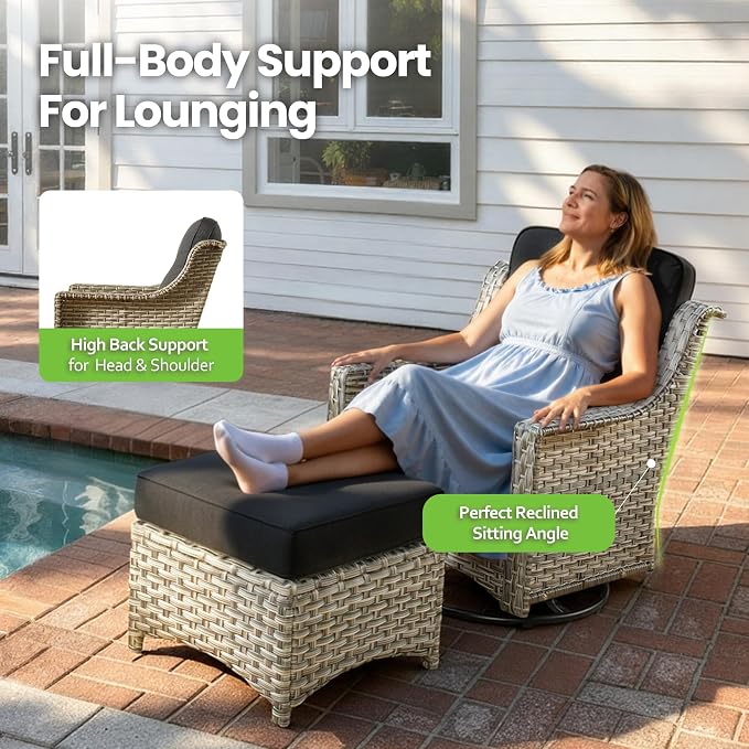 3 Piece Patio Furniture Set, Outdoor High Back Swivel Rocker Chairs Set of 2 with Side Table, All Weather Wicker Glider Chair with Thick Cushions for Backyard Balcony Porch, Black