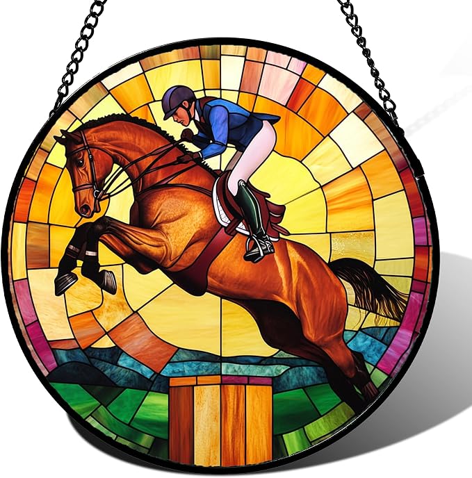 DASTOLL Stained Glass Window Hanging Equestrian Sports 7.8" - Horse Suncatcher Door Garden Sunroom Sun Catcher Home Decor Birthday Christmas for Mom Men Woman Nana