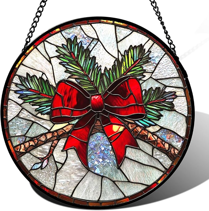 DASTOLL Stained Glass Window Hanging - Pine Branches Red Bow Suncatcher for Doors Home Christmas Decoration Silver Sun Catcher Thanksgiving New Year Birthday Gifts for Women Men Mom Nana 6.3 in