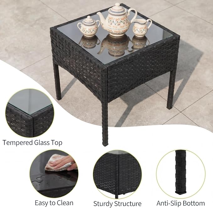 3 Piece Patio Furniture Set, Outdoor Patio Wicker Sofa Set with Upholstery and Glass Storage Coffee Table, All Weather Conversation Rattan Set for Garden, Porch, Lawn, Pool, Black+White