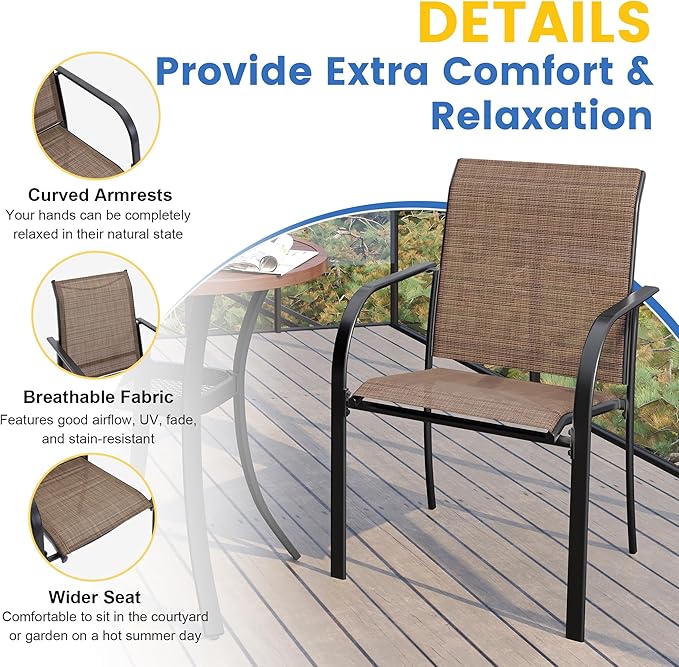 VICLLAX Patio Dining Set for 6, All Weather Metal Outdoor Furniture Set Includes 47" Round Patio Table and 6 Patio Stacking Chairs, Black Tabletop and Brown Fabric
