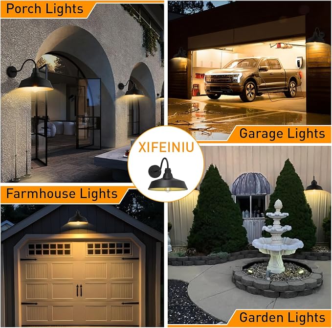 14.5" Dome Gooseneck Barn Light, Outdoor Anti-Rust&Waterproof Farmhouse Wall Sconce, Outdoor Wall Lanterns for Porch/Patio, E26 Base 100W Max(Black 2-Pack Exterior Lighting Fixtures)