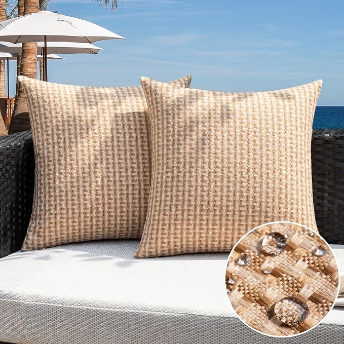 Kevin Textile Outdoor Waterproof 24"x24" Pillow Covers 2 Pack, Light Brown | Water Resistant Weaving Faux Linen Texture Throw Pillow Covers, Outside Decorative Pillowcases for Garden Patio Balcony Couch