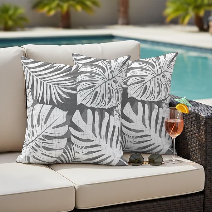 Grey Palm Leaves Outdoor Pillow Covers 18"x18" Set of 2, Tropical Botanical Modern Minimalist Waterproof Throw Pillow Covers for Patio Furniture, Decorative Cushion Covers for Porch