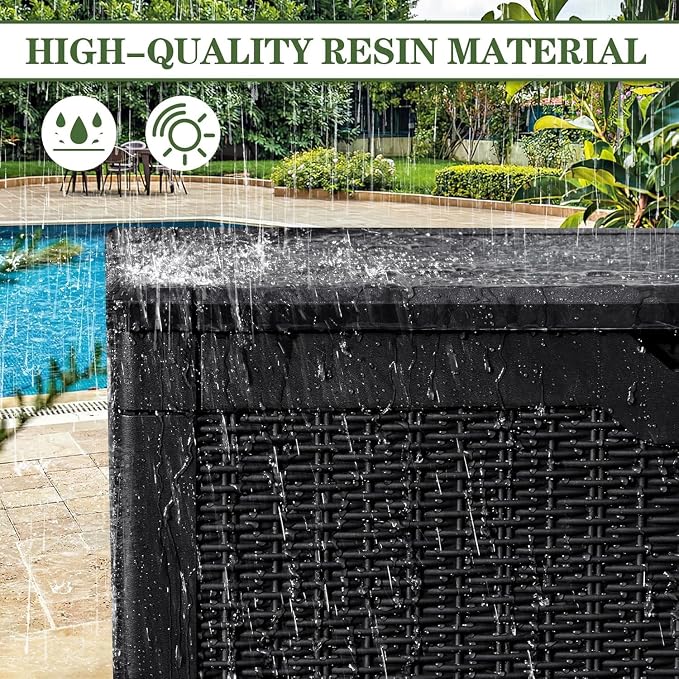 100 Gallon Resin Deck Box Large Outdoor Storage with Imitation Rattan Weave Texture Weatherproof UV Resistant Lockable for Patio Furniture Garden Tools Pool Supplies Dark Black