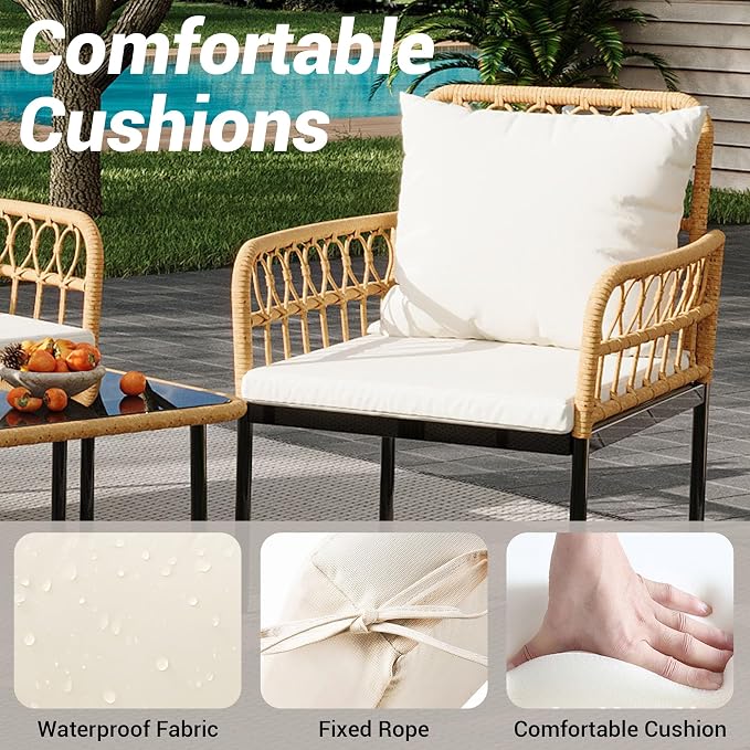 GarveeLife 4 Pieces Patio Furniture Sets Wicker Outdoor Patio Table and Chairs Set with Glass Side Table, Loveseat Chairs, Boho Rattan Conversation Sets for Backyard, Bistro, Apartment, Porch, Beige