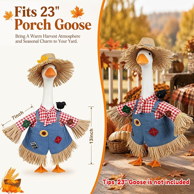 Fall Porch Goose Outfit Scarecrow Costume, Thanksgiving Porch & Yard Decor | Fits 23 Inch Goose Statues, 2-Piece Set with Scarecrow Hat & Crow, Autumn Porch, Patio, Lawn Garden Thanksgiving Decor