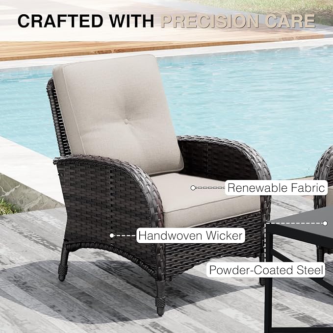 Joyside Wicker Patio Chairs, 3 Piece Rattan Outdoor Furniture with Thickened Cushions, High Back, Deep Seating, Wide Armrest, Outdoor Chairs for Porch, Deck