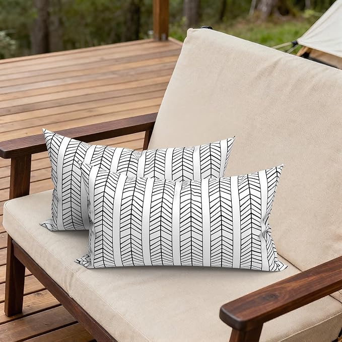 Outdoor Lumbar Pillows, Water Repellent Cushion Pillows 12x20 Inch, Outdoor Pillows with Inserts for Home Garden, Pack of 2, HerringboneWhite