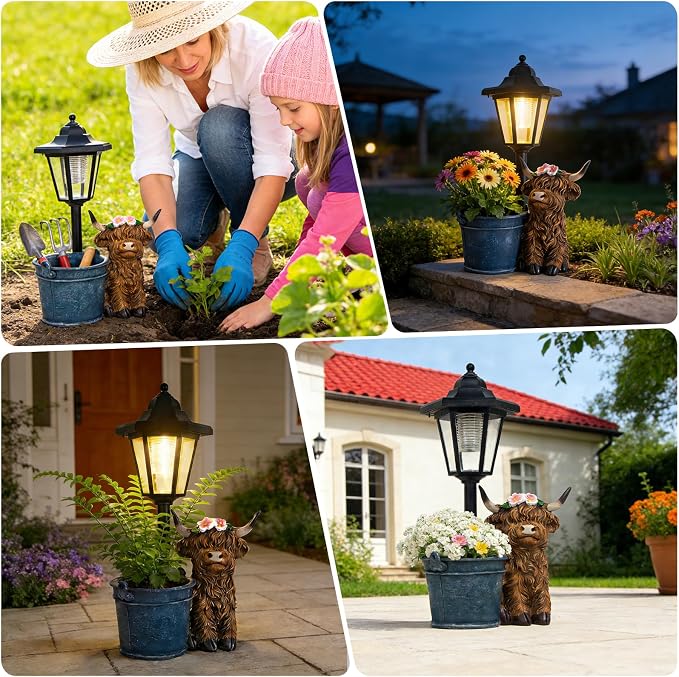 Solar Highland Cow Outdoor Statue, Garden Decor with Flowerpot & Lantern | Highland Cow Figurines for Yard Art Lawn Ornaments Porch Patio Balcony - Gifts for Women Mom Grandma