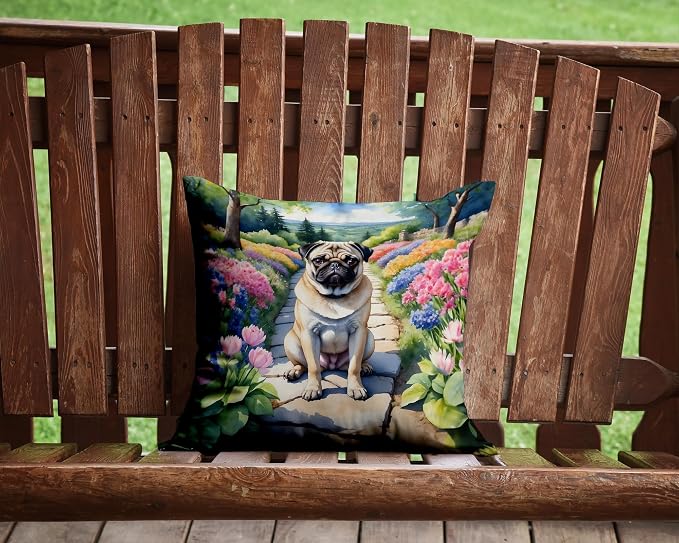 Caroline's Treasures Pug Spring Path Throw Pillow Machine Washable, Indoor Outdoor Decorative Pillow for Couch, Bed or Patio, 14Hx14W