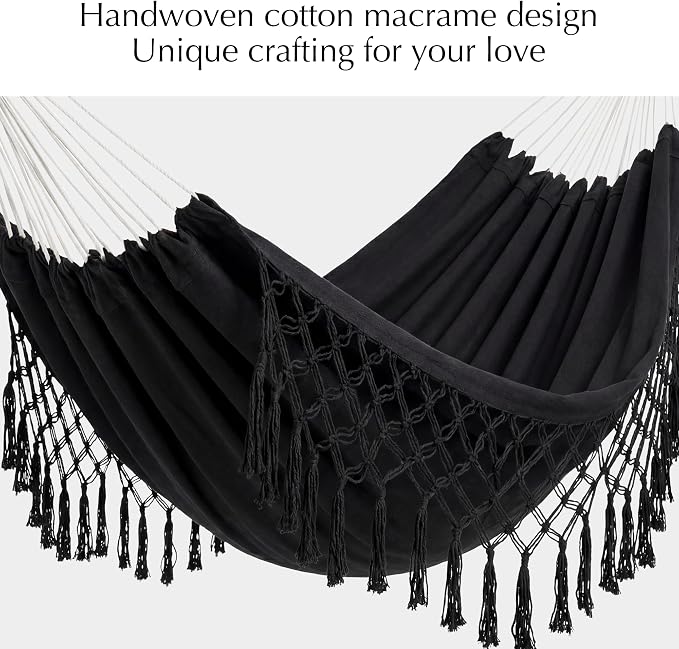 PNAEUT Handmade Tassel Hammocks, Double Hammock with Stand for Outside Indoor Outdoor, Max 450 lbs Capacity, Pillow & Storage Bag Included (Black)