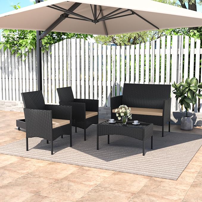 4 Piece Patio Rattan Conversation Set, Outdoor Rattan Chair Wicker Furniture Set, Couple Seats and Tempered Glass Table,Comfort Seat for Patio, Pool or Backyard