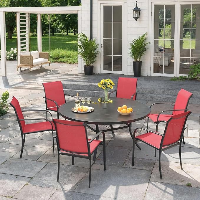 VICLLAX 7 Pieces Patio Outdoor Dining Set, 50" Round Metal Table with Umbrella Hole and 6 Stackable Textilene Chairs for Lawn, Garden, Porch, Black/Red