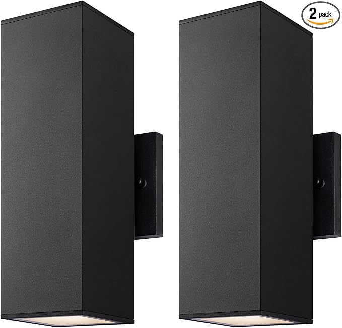 mirrea 12" Modern Outdoor Porch Light in 2 Lights, Matte Black, 2 Pack | Patio wall sconce, aluminum rectangular tube, tempered glass, waterproof. Up & down lighting for outdoor wall mount fixture.
