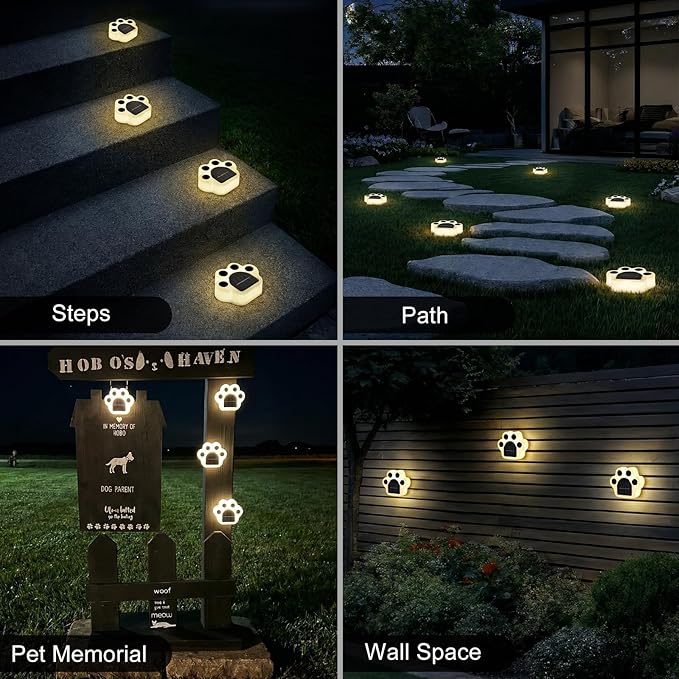 Solar Paw Print Lights 4 Pack, Outdoor Waterproof Solar Garden Lights, Lawn Patio Pathway Decorative Lights, Pet Dog Lovers Gifts for Women Mom Mother's Day